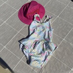 Floral Ruffle Swimsuit with Pink Sunhat